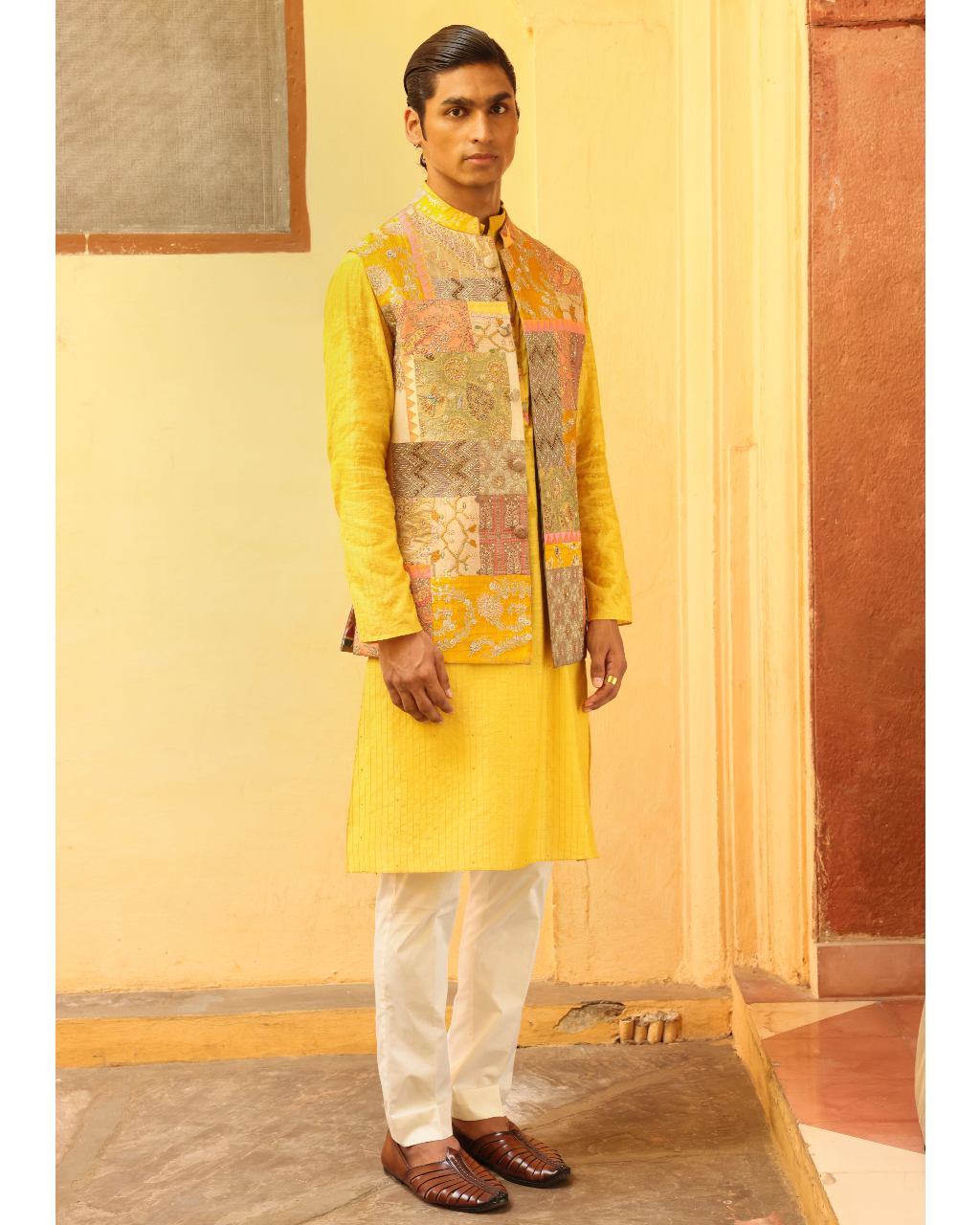 Mustard Kurta Set With Textured Jacket
