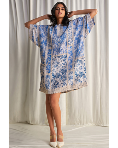 Silk-Linen Porcelain Print Patchwork Dress