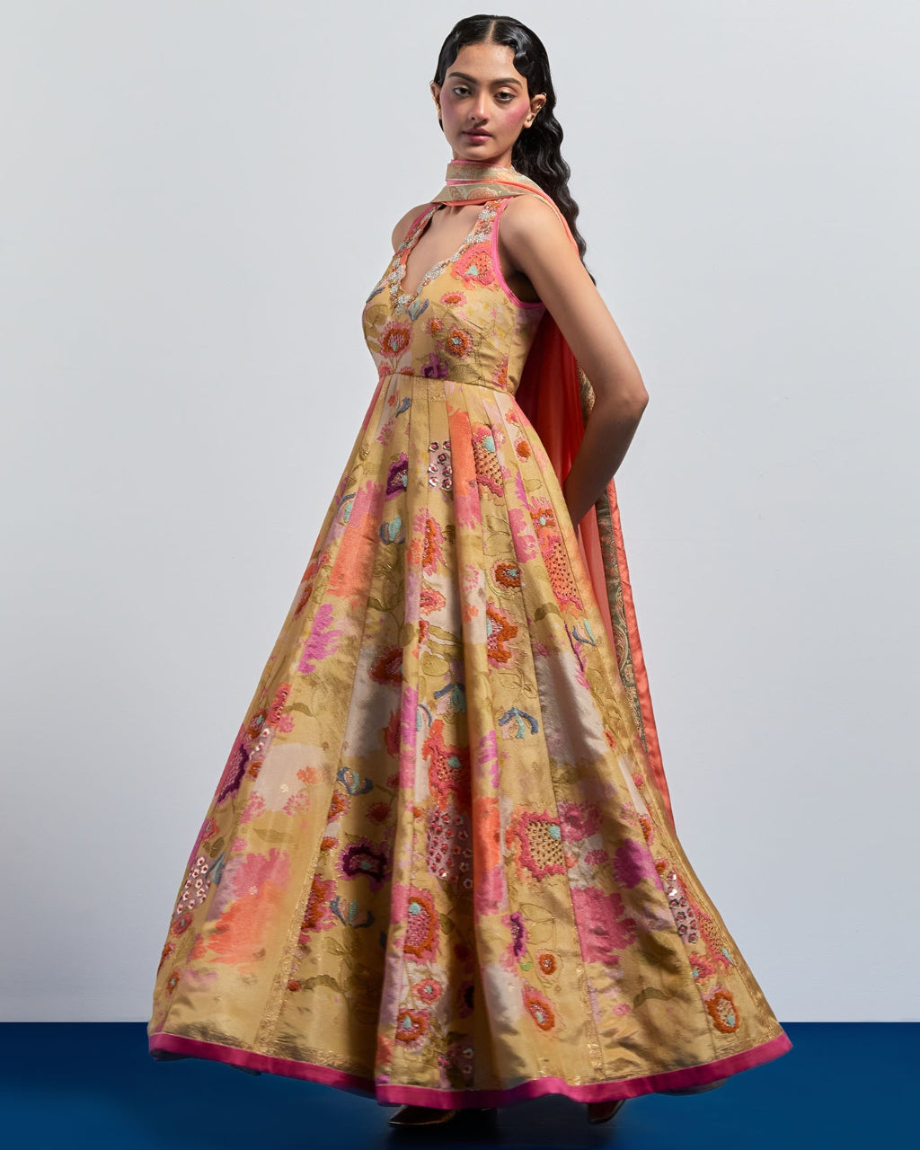 Beige Yellow Floral Embroidered Anarkali Set