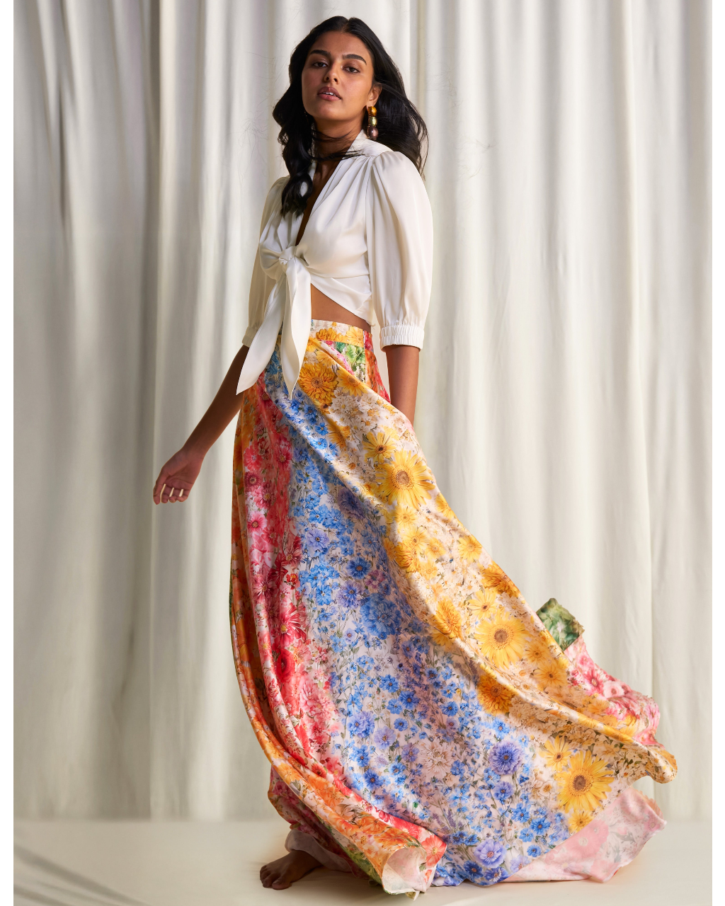 Front-Tie Top & Multi-Floral Maxi Skirt
