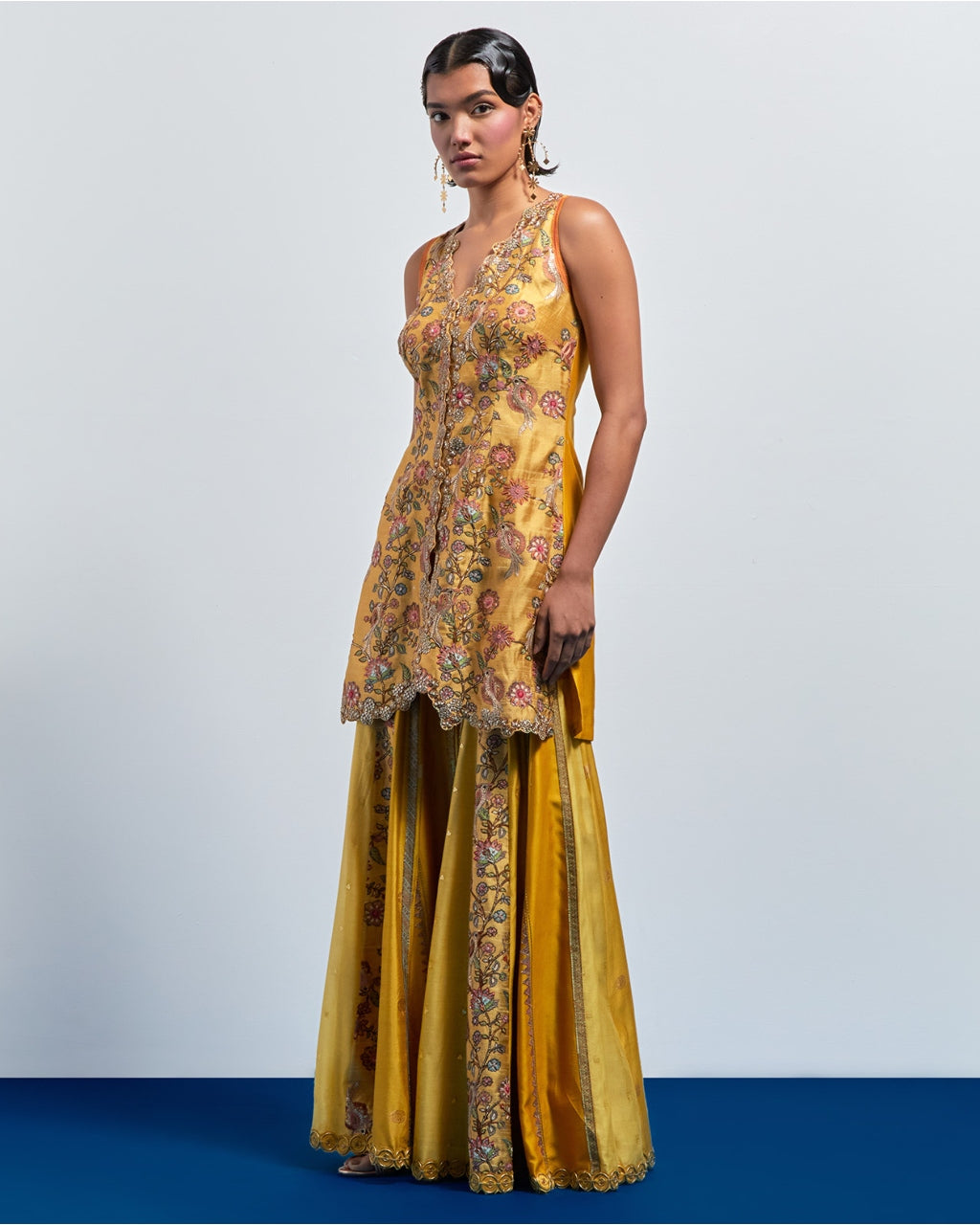 Mustard Yellow Embroidered Peplum Sharara Set