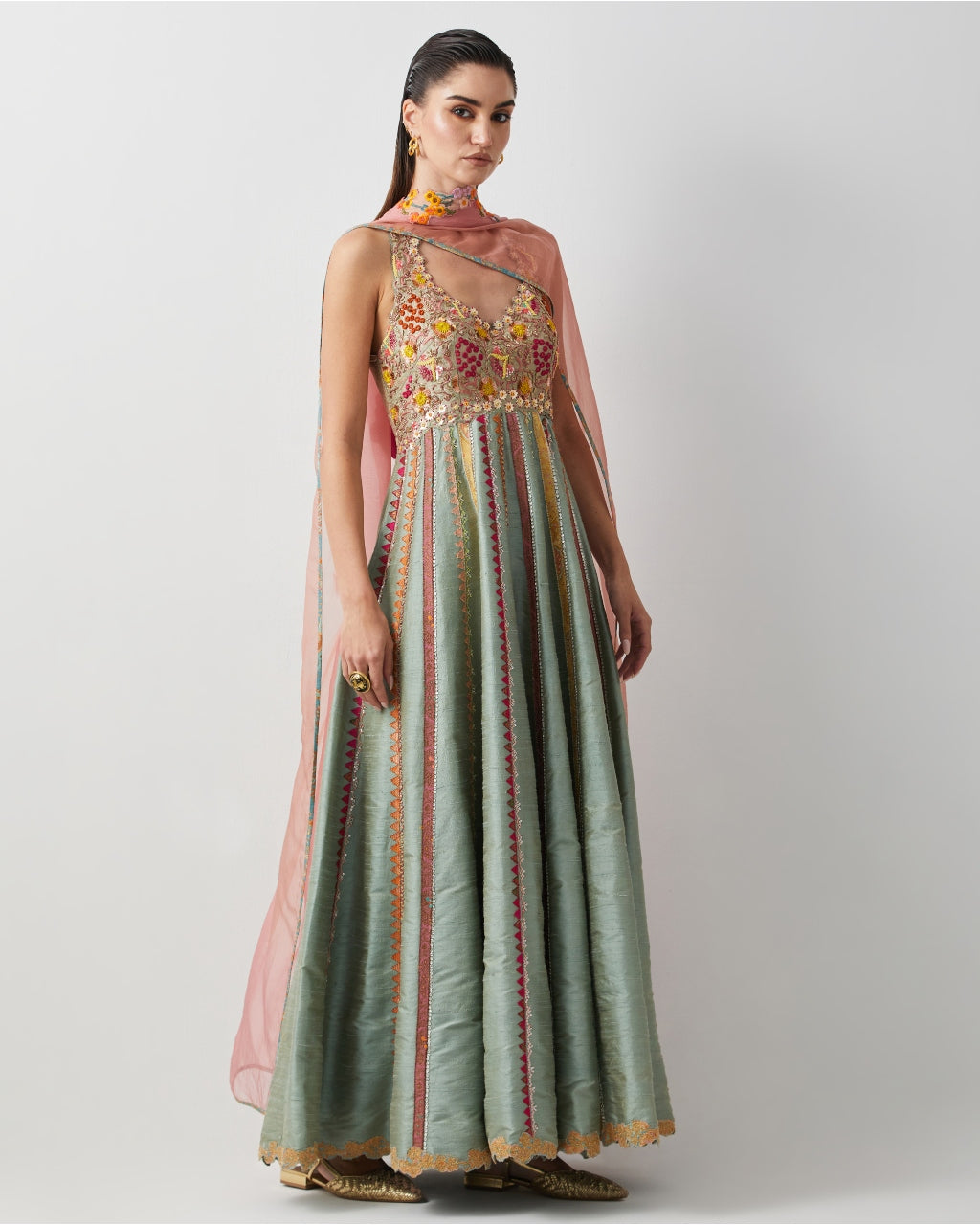 Aqua Silk Hand Embroidered Anarkali Set With Organza Dupatta