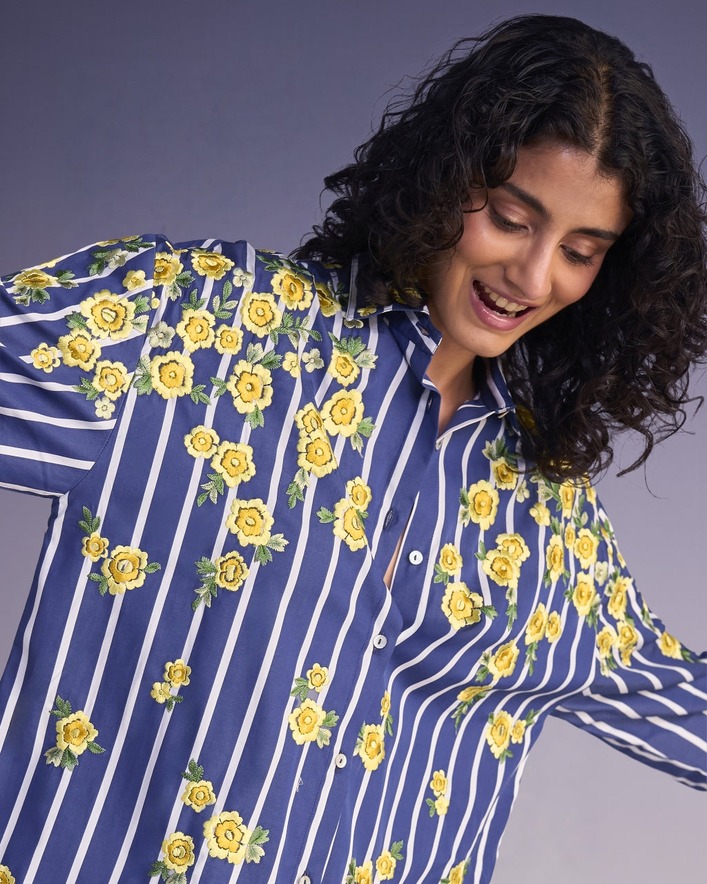 Floral Embroidered Stripe Shirt & Shorts Set