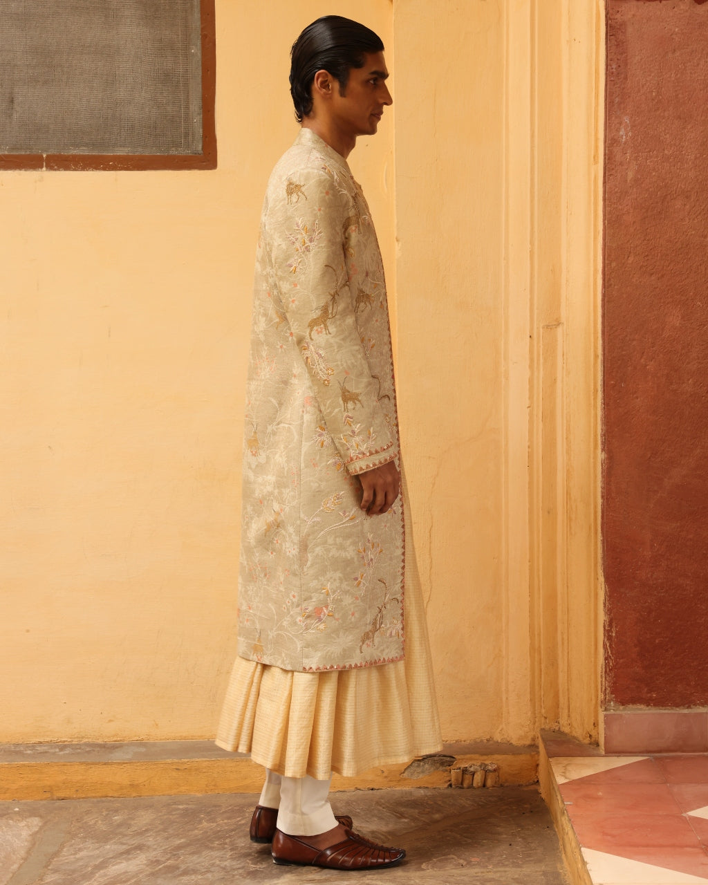 Ivory Silk Embroidered Sherwani Set.