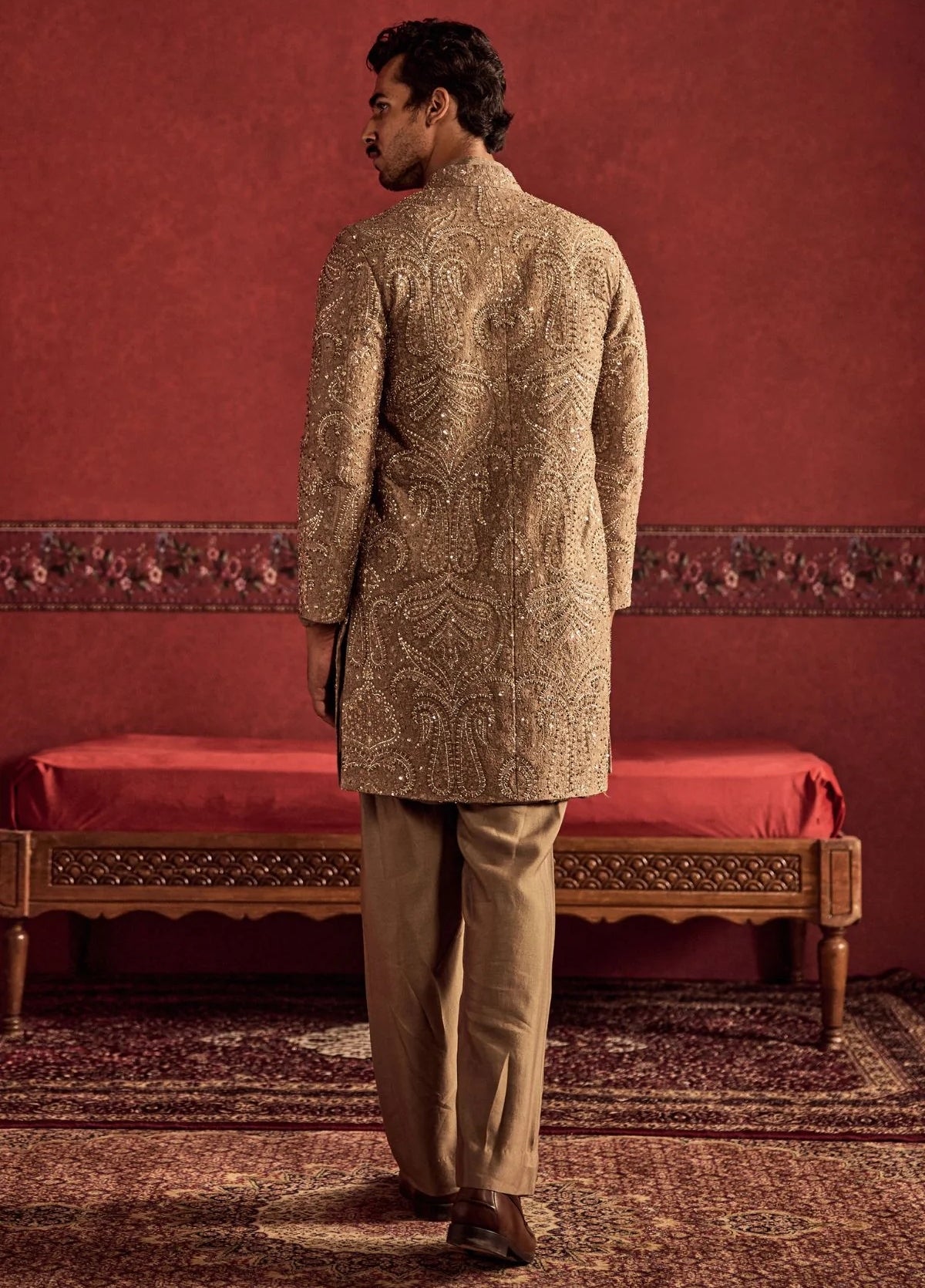 Stone Grey Chanderi Allover Embroidered Sherwani Set