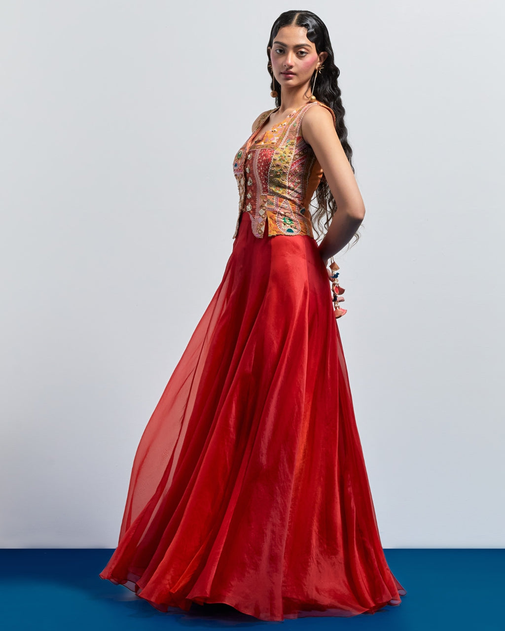 Burnt Orange Embroidered Corset Skirt Set