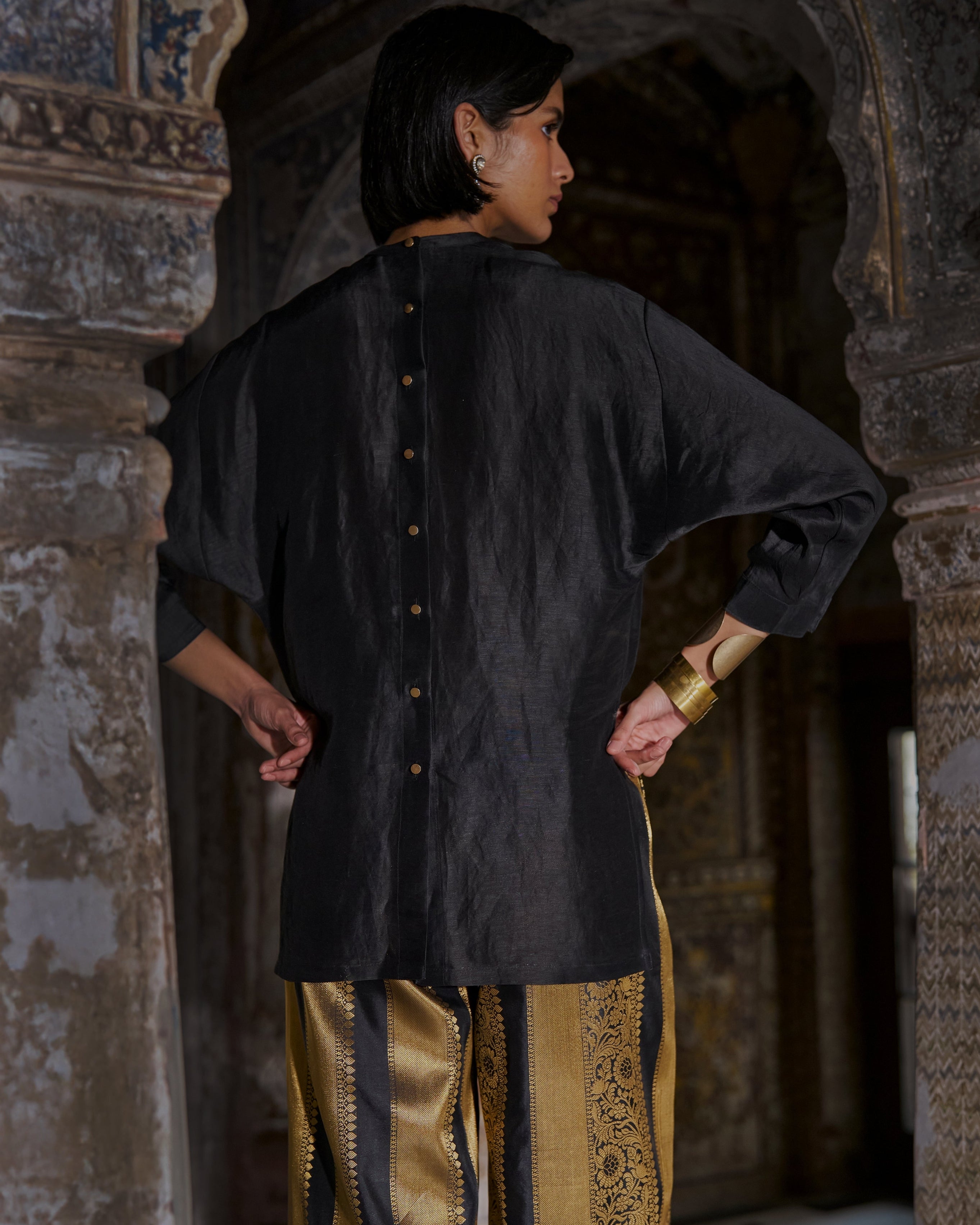 Embroidered Motif Boxy Shirt & Benares Brocade Striped Pant