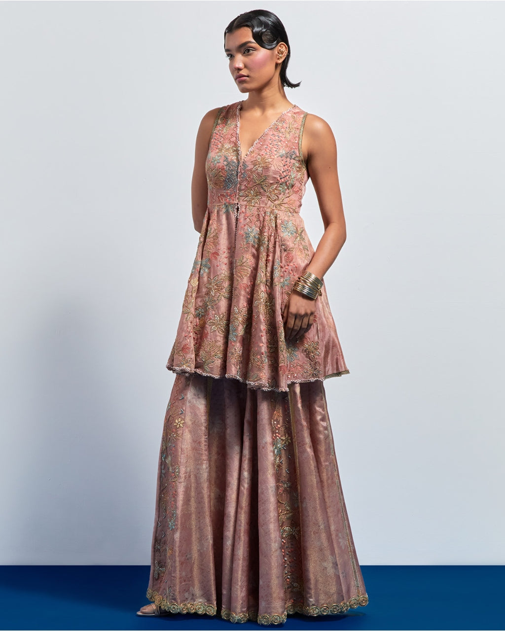 Pink Embroidered Peplum Sharara Set