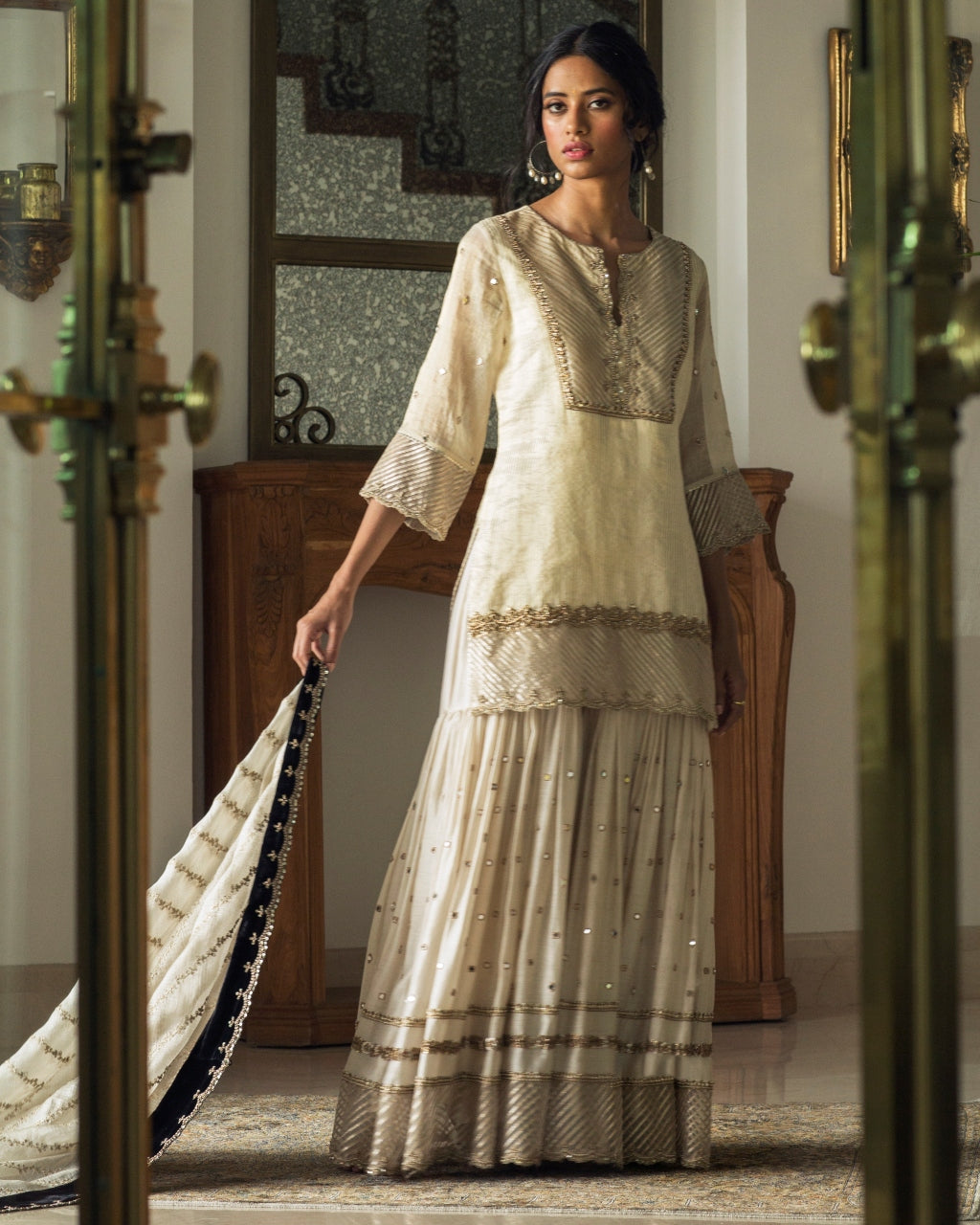 Tissue Chanderi Kurta With Mirror Work Gharara