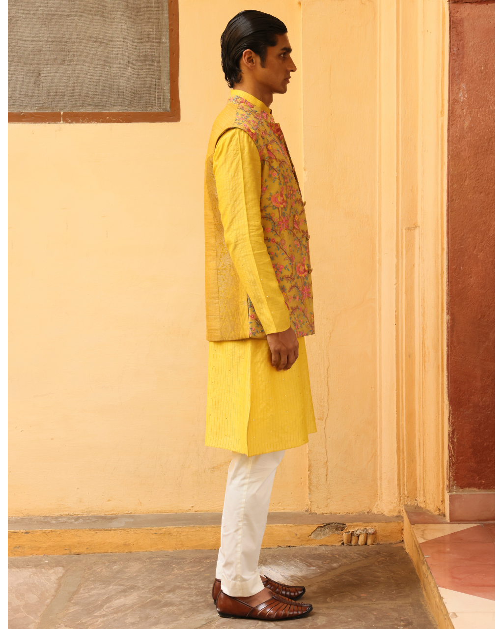 Sunshine Yellow Silk Brocade Jaal Bandi Set