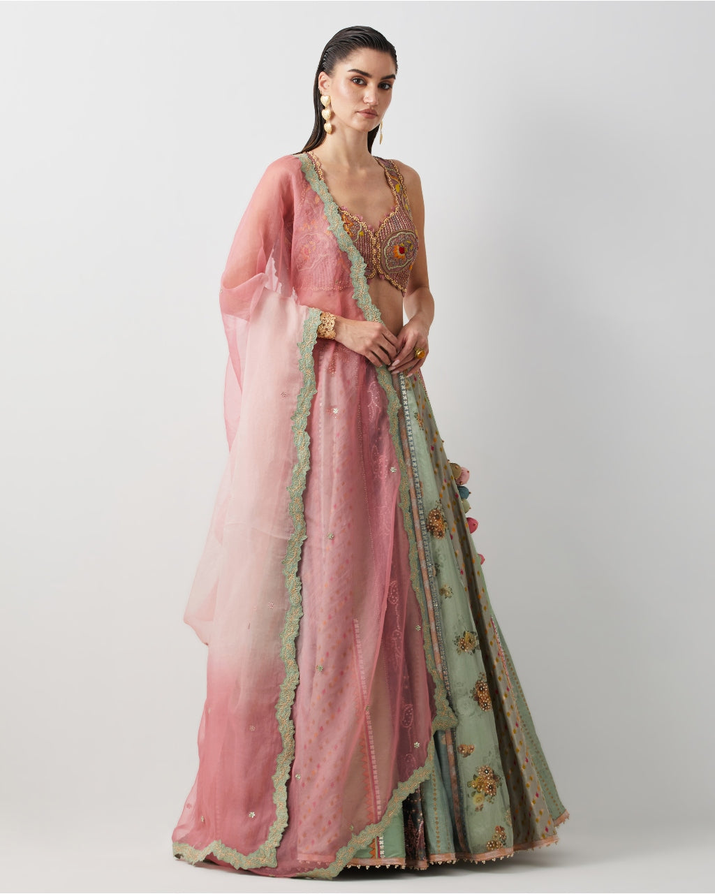 Aqua Silk Hand Embroidered Lehenga Set With Organza Dupatta