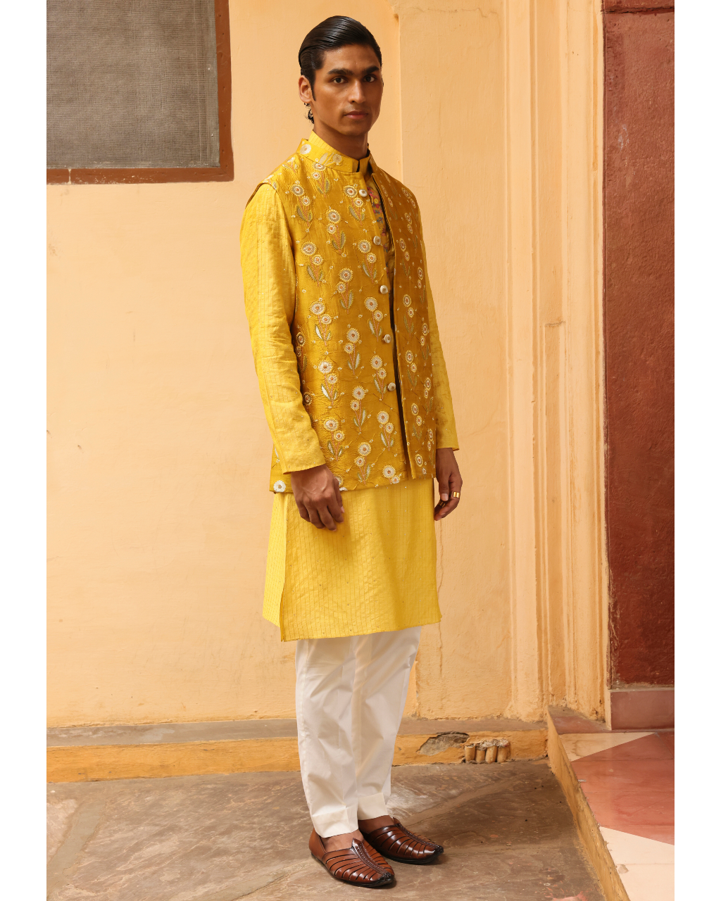 Marigold Yellow Silk Brocade Floral Bandi Set