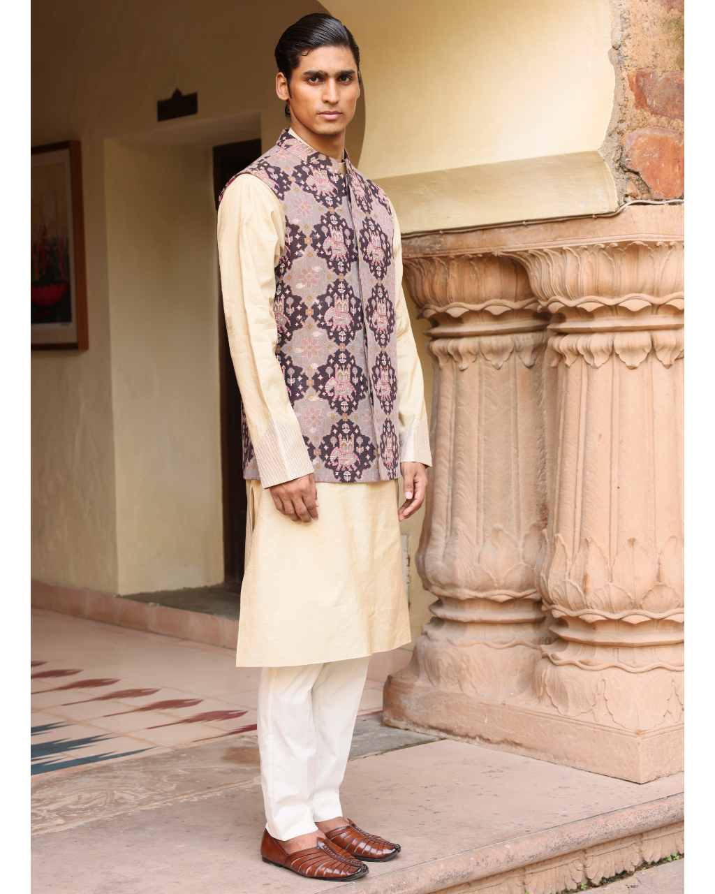 Cream Kurta Set With Statement Jacket