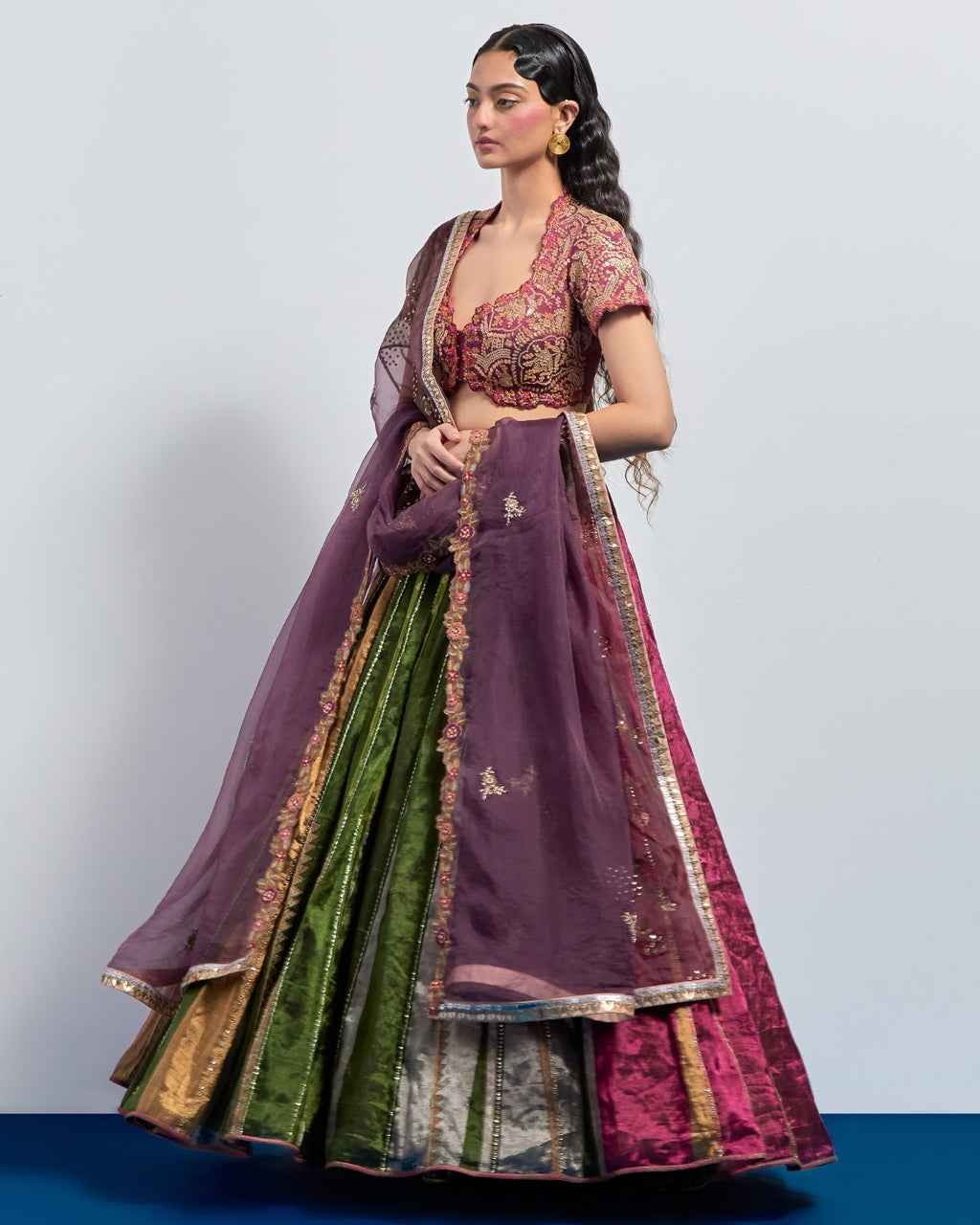Multicolour Striped Embroidered Lehenga Set