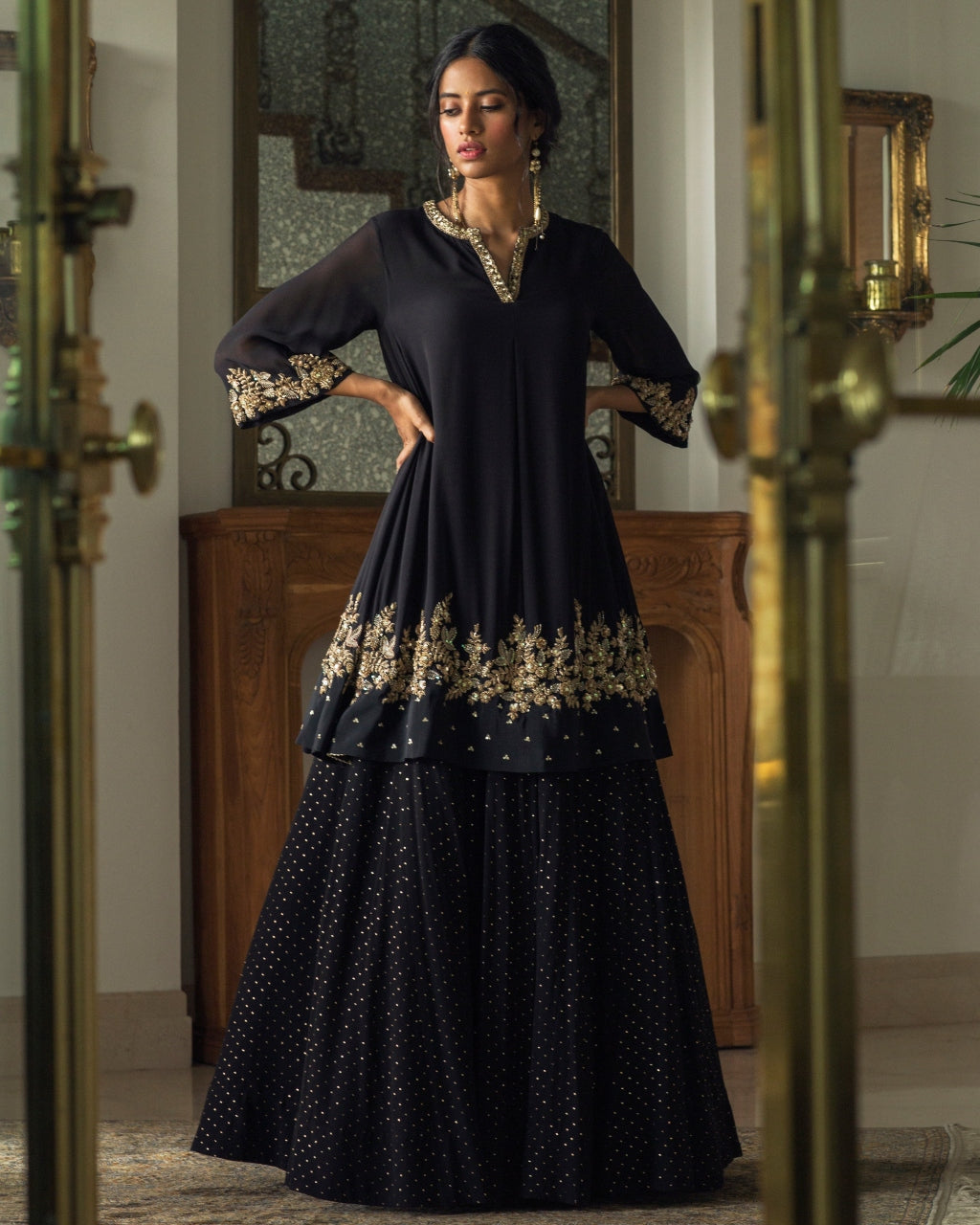 Box Pleat Kurta With Mukaish Lehenga