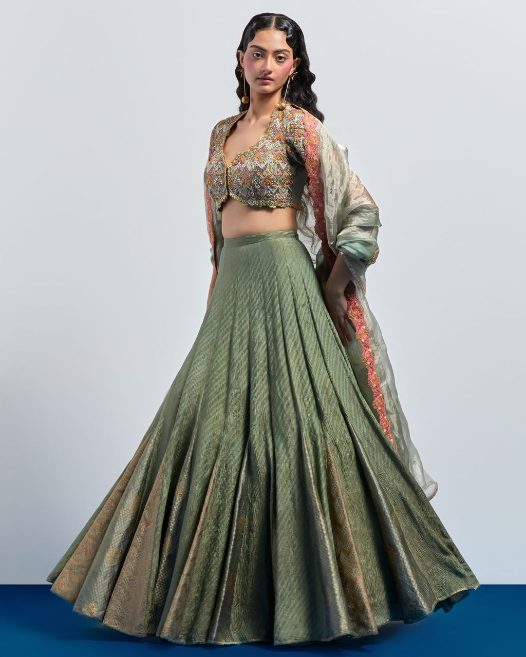Saga Green Embroidered Lehenga Choli Dupatta Set