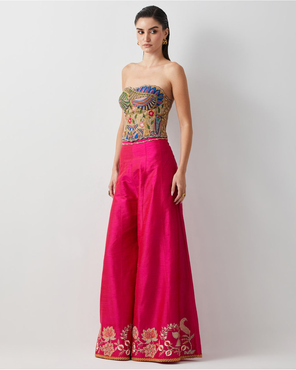 Hot Pink Embroidered Corset Plazzo Set