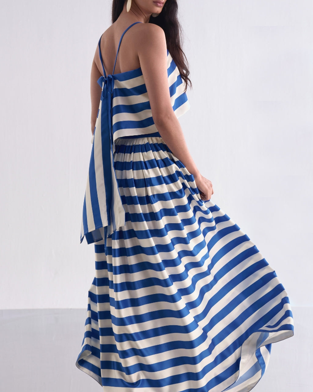 Back Knot Draped Stripe Top & Maxi Skirt Set