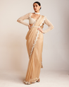 Beige Organza Sari With Pearl Drop Sleeve Blouse