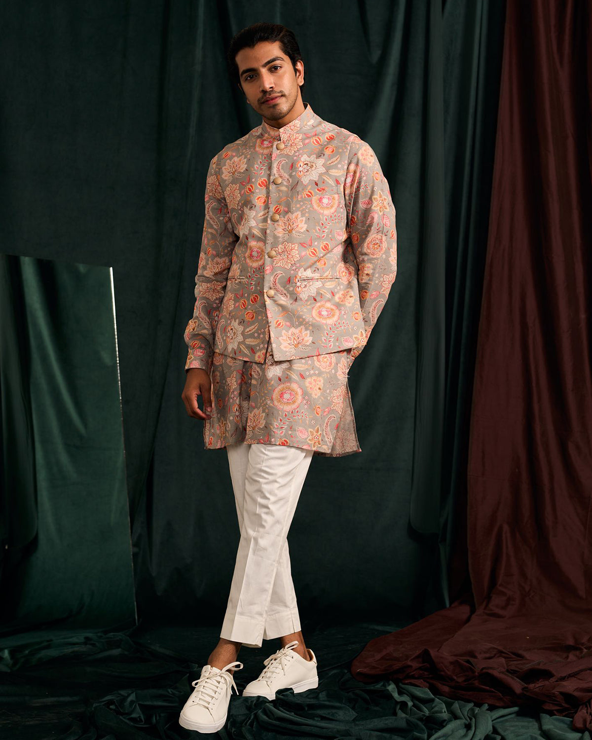 Stone Versailles Cotton Linen Kurta With Cream Pajama Set