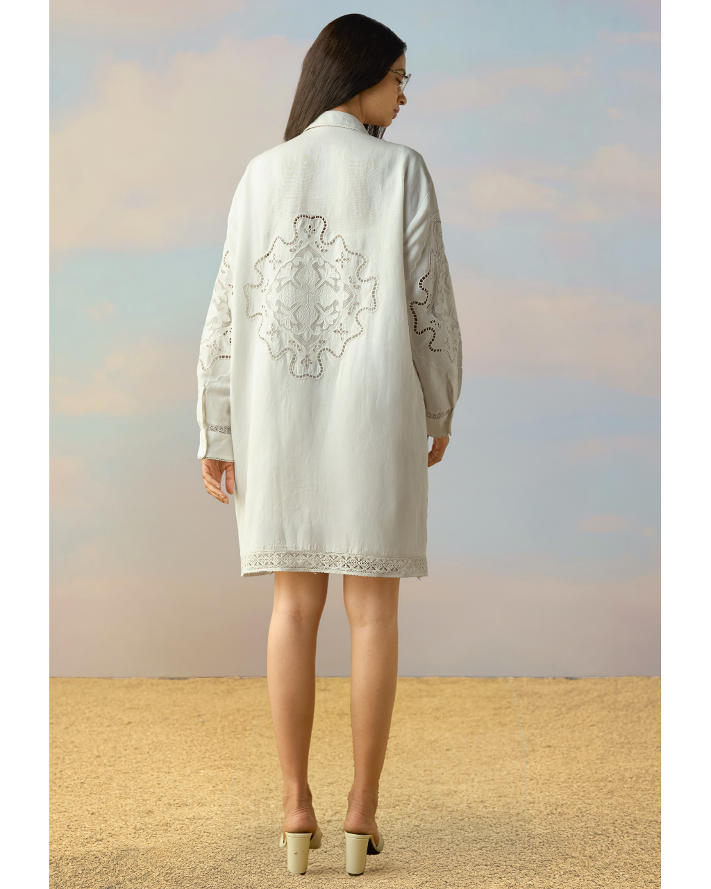 Linen Cutwork & Lace Embroidered Shirt Dress