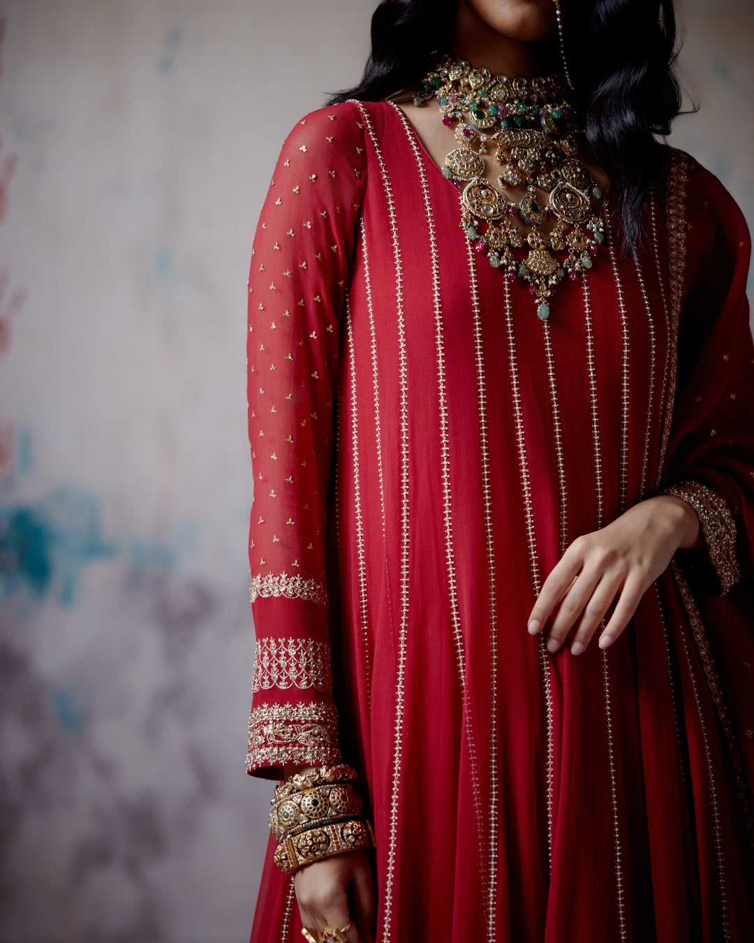 Red Kallidhar Anarkali Set