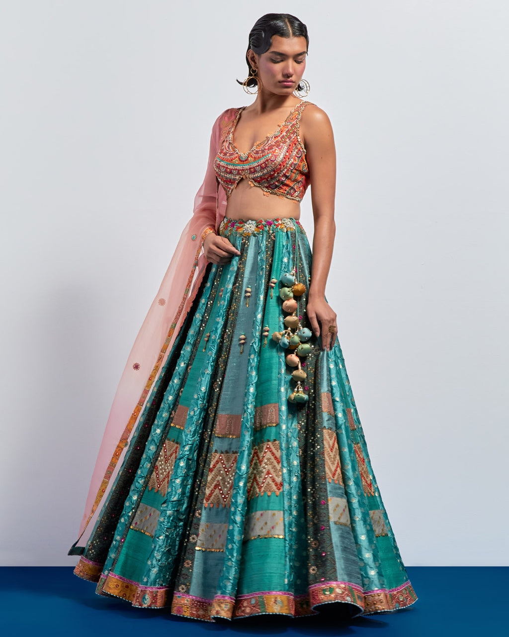 Teal Green Embroidered Lehenga Set