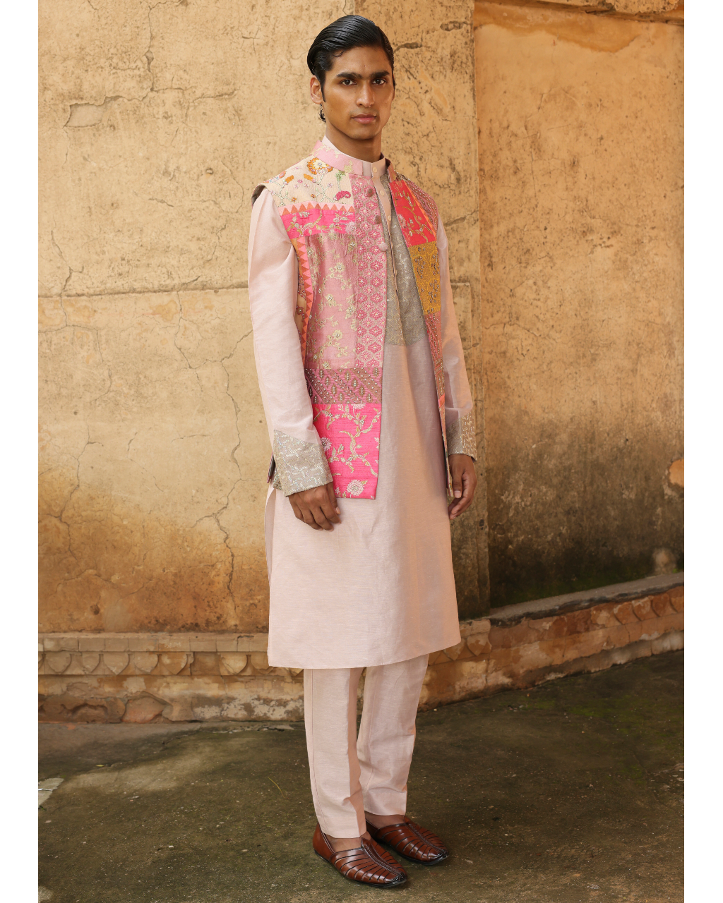 Blush Pink Silk Brocade Patchwork Bandi Set