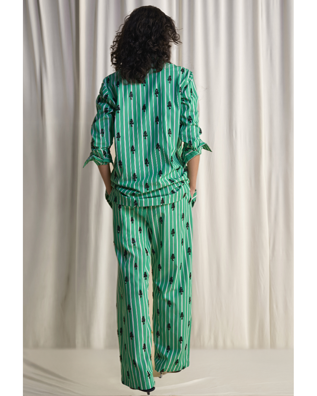Motif Bead Embroidered Stripe Shirt & Pant Set