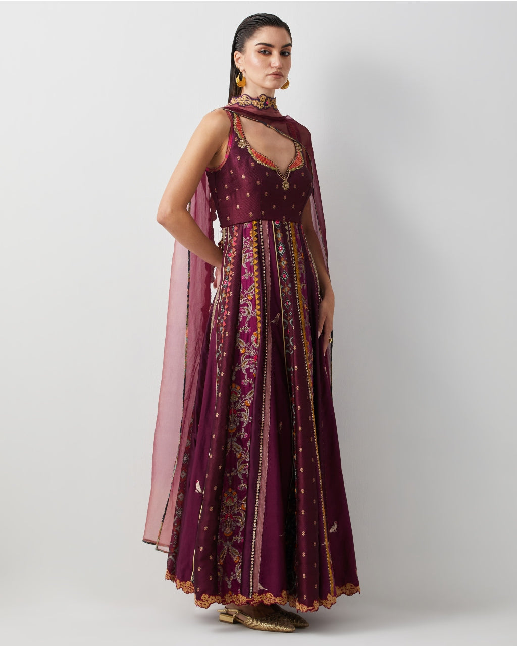 Wine Silk Embroidered Anarkali Set