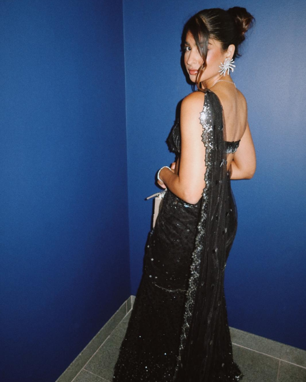 Black and Silver Shimmer Drape Sari