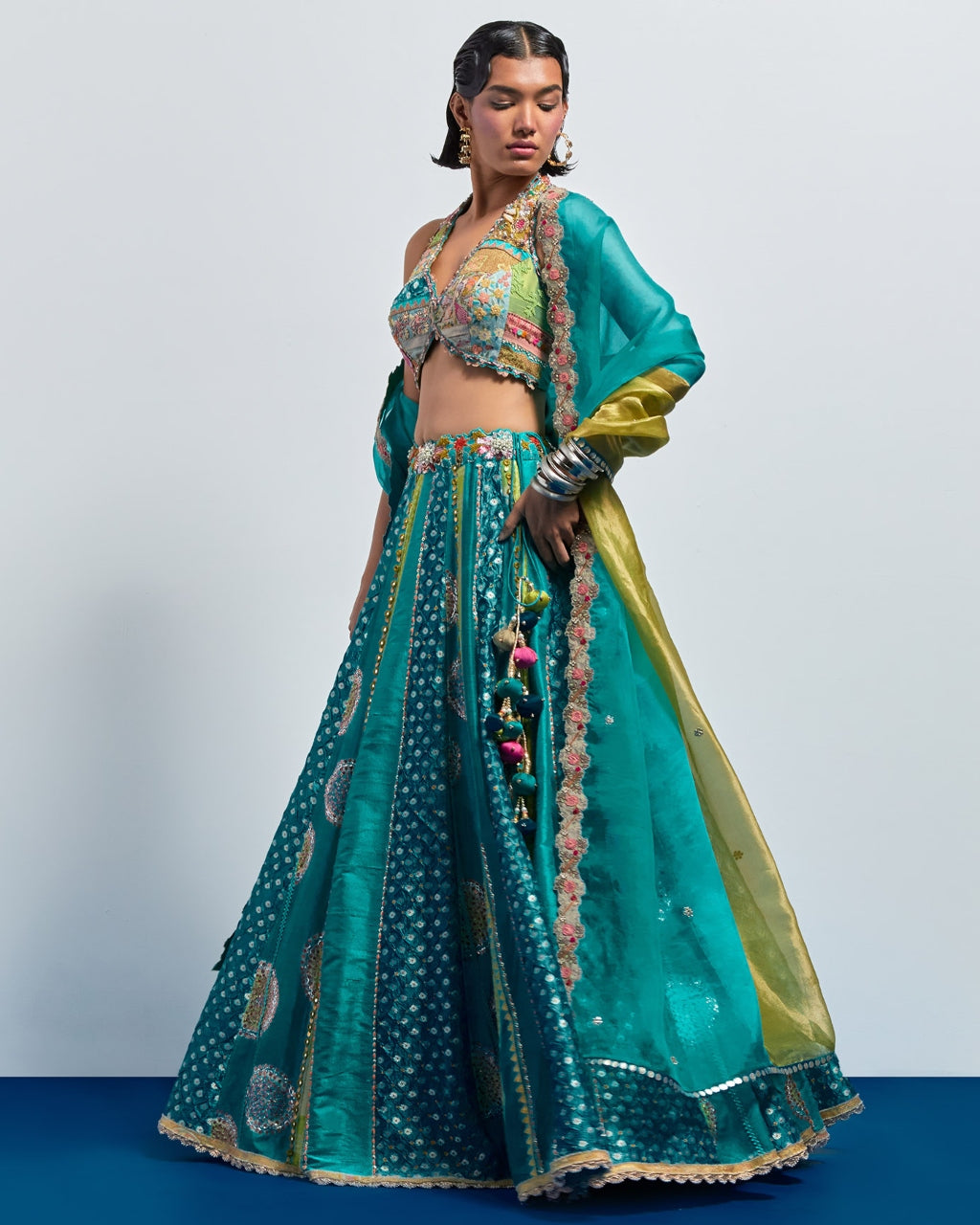 Sea Green Multi Colour Embroidered Lehenga Set