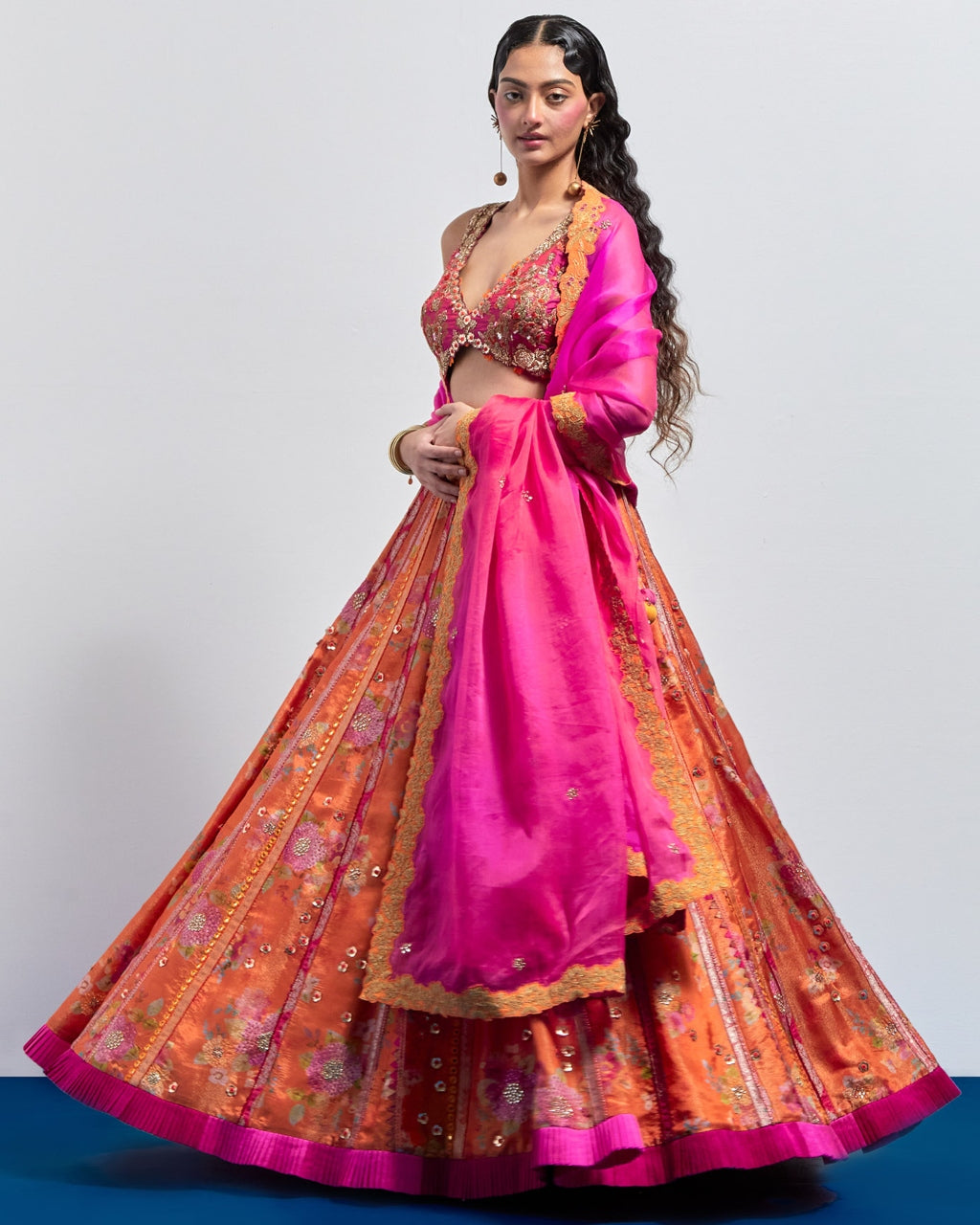 Orange Printed Embroidered Lehenga Dupatta Set