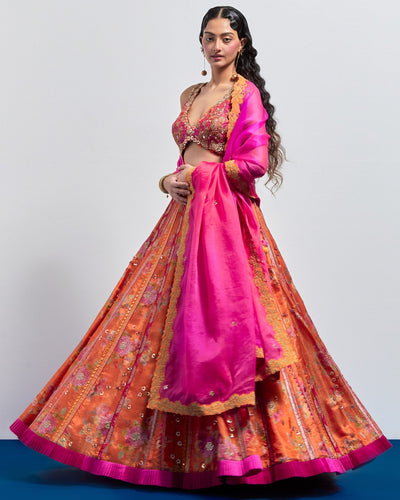 Orange Printed Embroidered Lehenga Dupatta Set