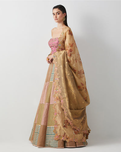 Mauve & Gold Embroidered Corset Lehenga Set
