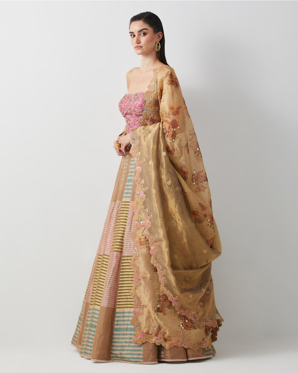 Mauve & Gold Embroidered Corset Lehenga Set