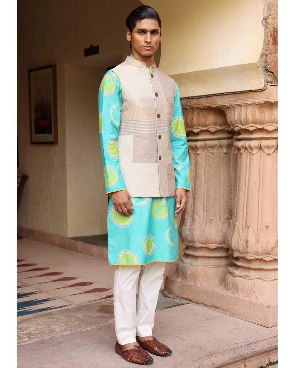 Ferozi Silk Kurta Set With Beige Tissue Jacket