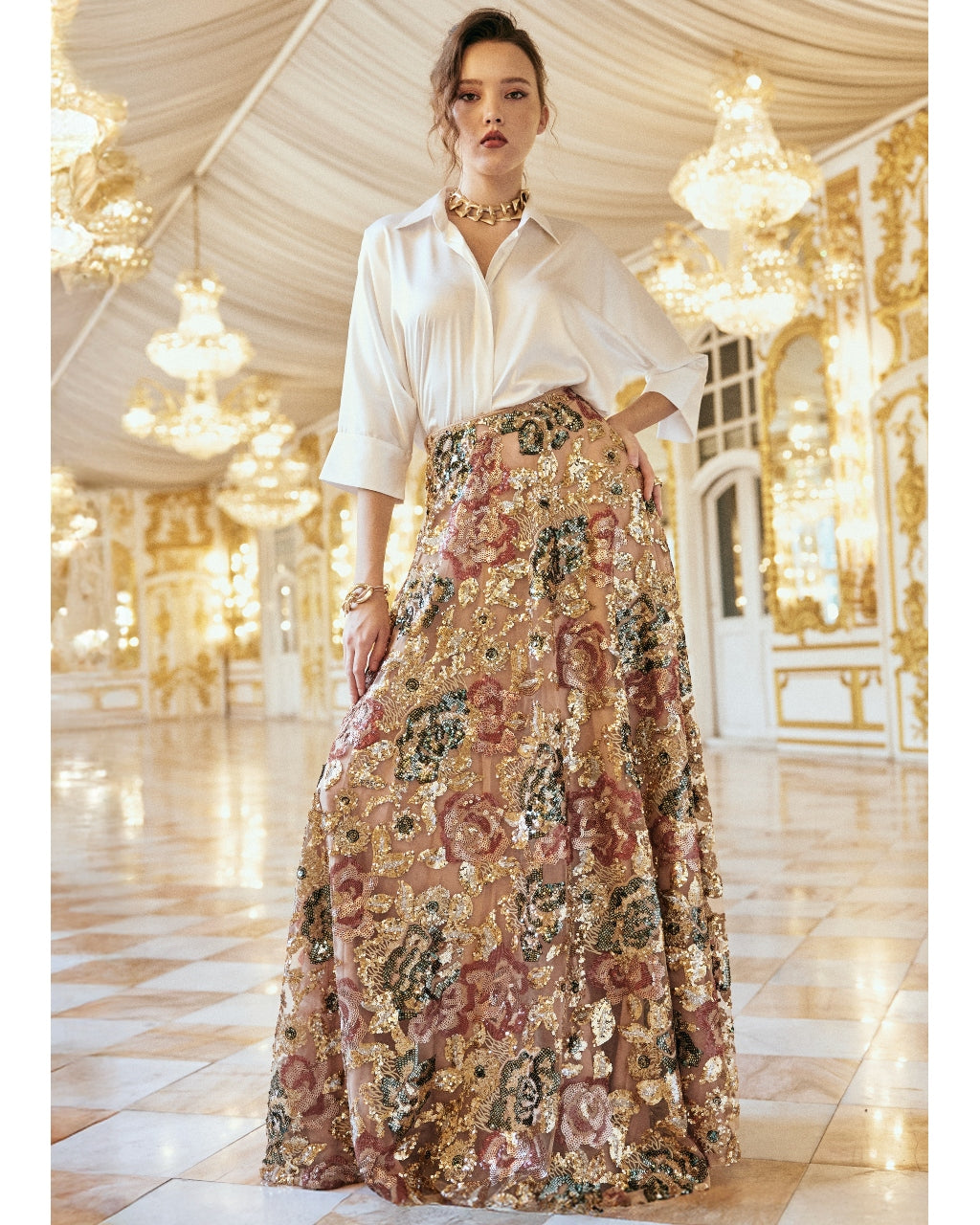 Ivory Satin Shirt & Floral Sequin Maxi Skirt