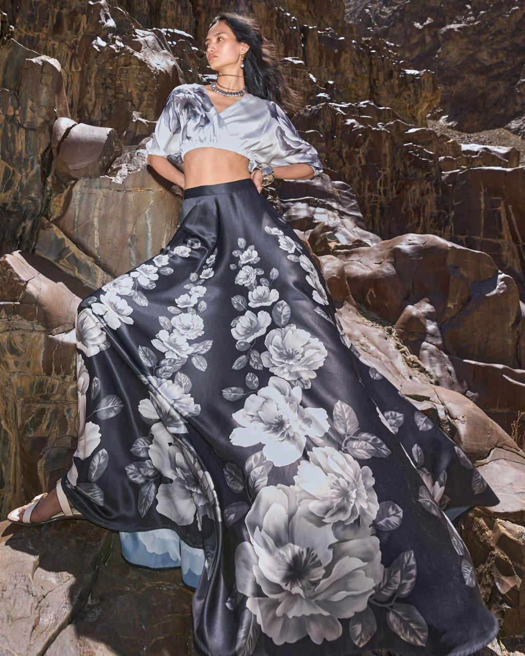 Greyscale Floral Print Maxi Skirt and Crop Top Set