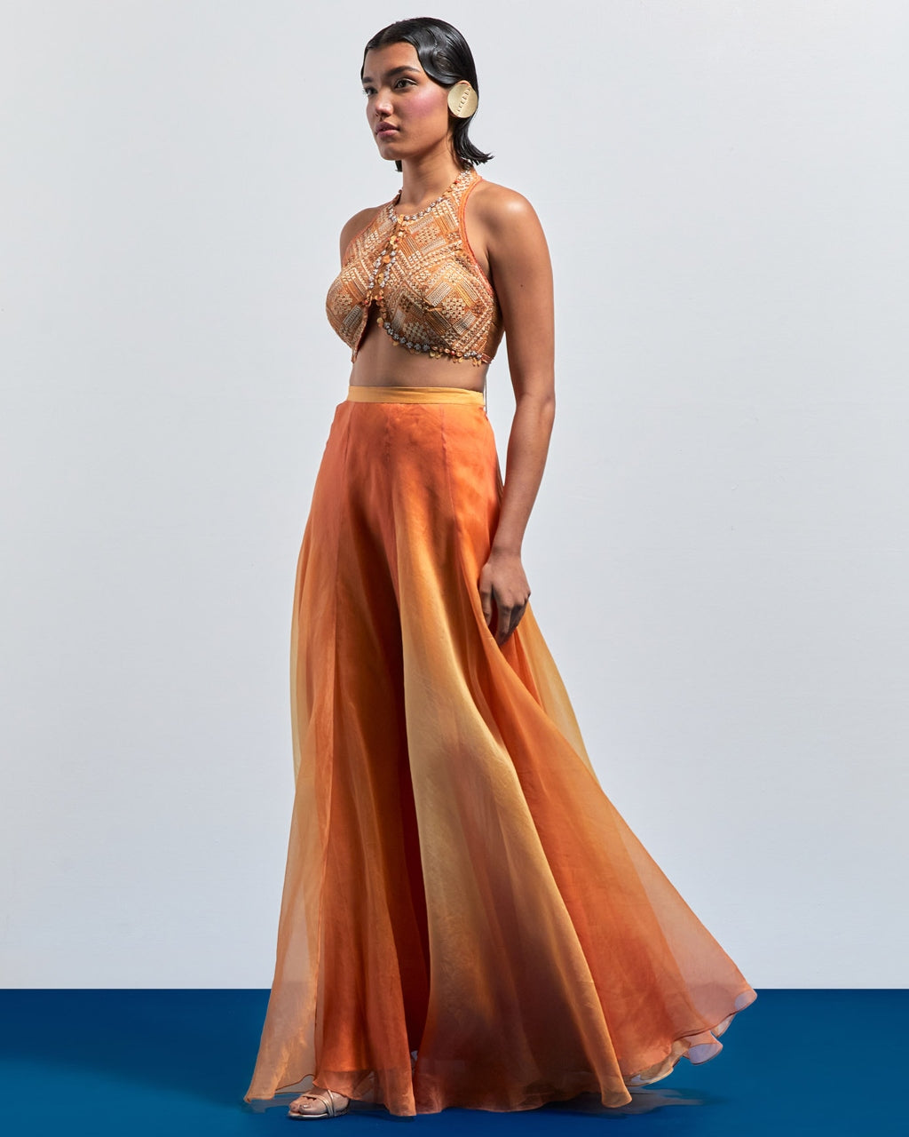 Yellow Orange Ombre Embroidered Skirt Set