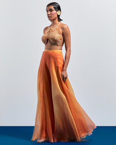 Yellow Orange Ombre Embroidered Skirt Set