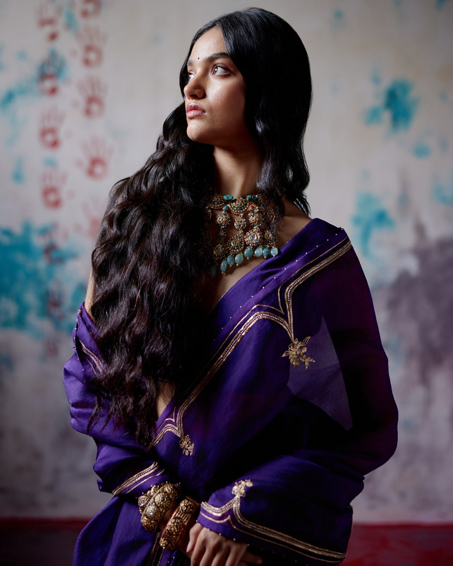 Purple Half And Half Sari With Blouse