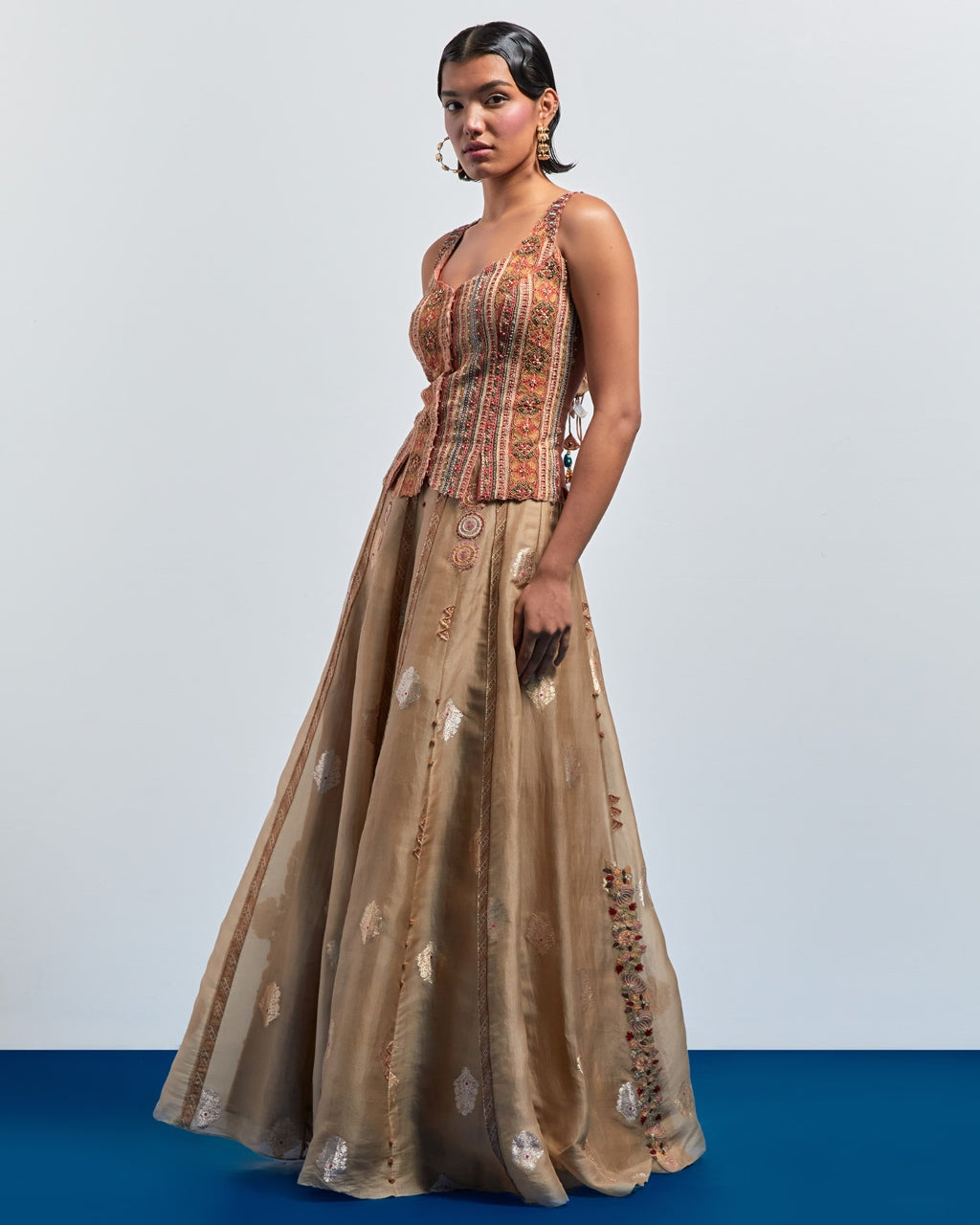Beige Embroidered Skirt Corset Set