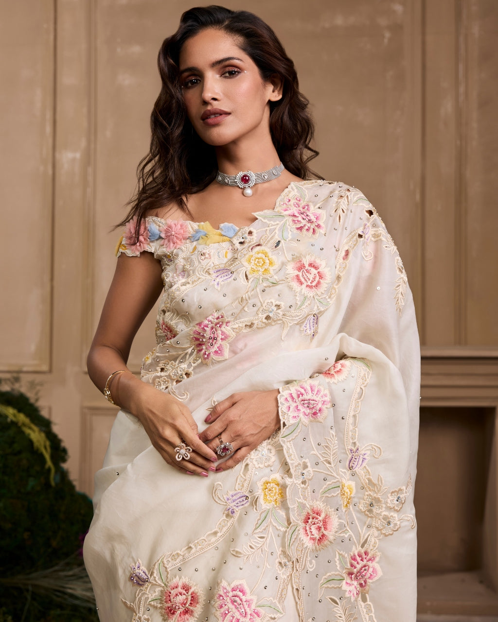 Ivory Pastel Floral Sari