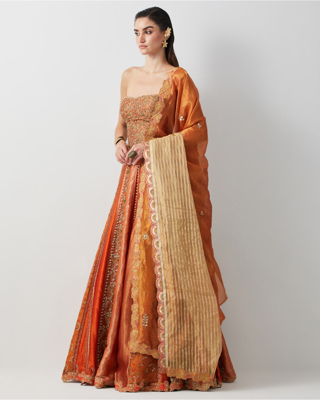 Roasted Carrot Hand Embroidered Lehenga Set With Organza Dupatta