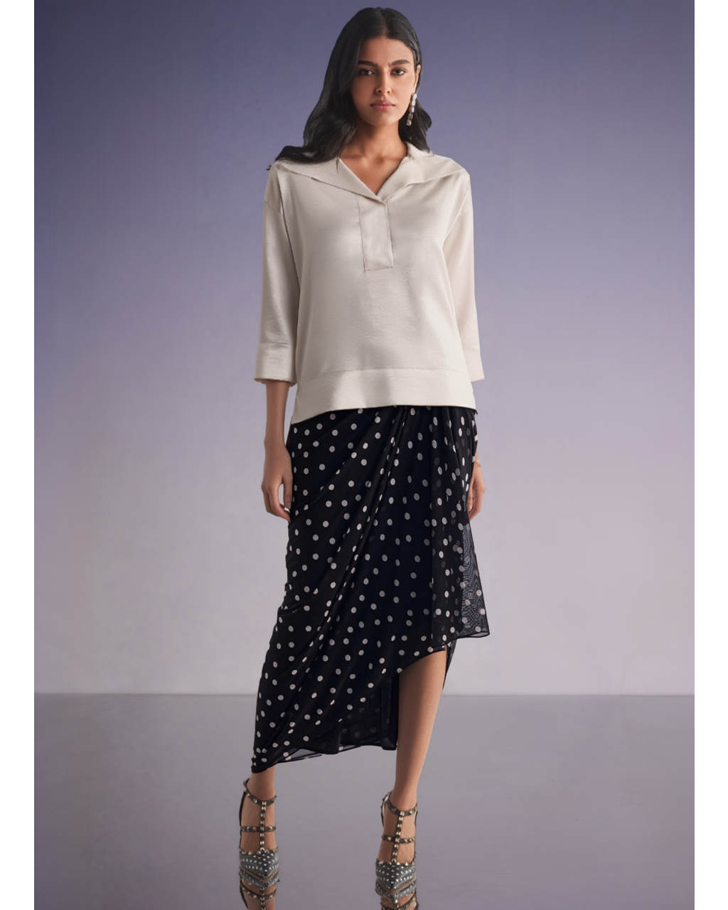 Boxy Satin Popover Top & Polka Dot Drape Skirt