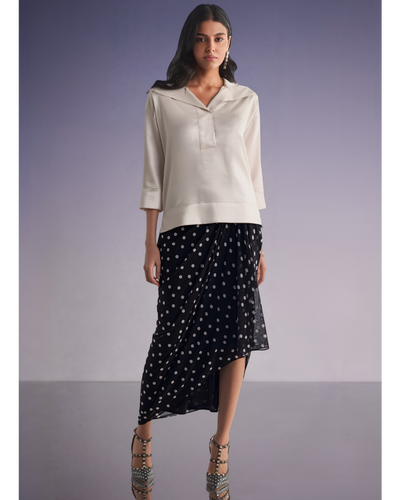 Boxy Satin Popover Top & Polka Dot Drape Skirt