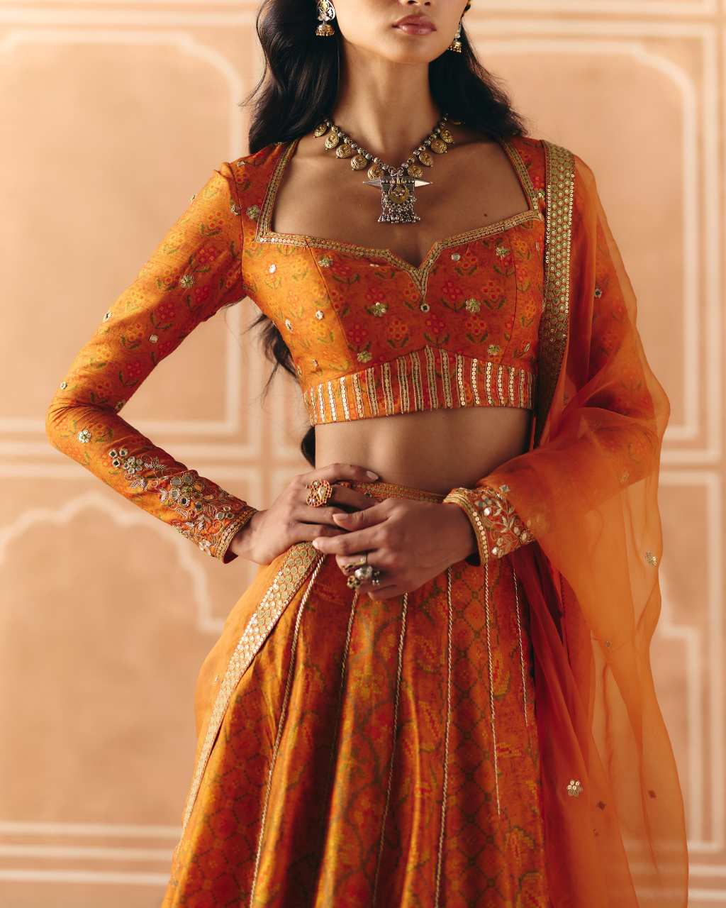 Burnt Orange Panelled Lehenga Set