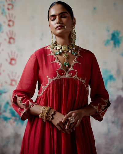 Red Gather Kurta Set