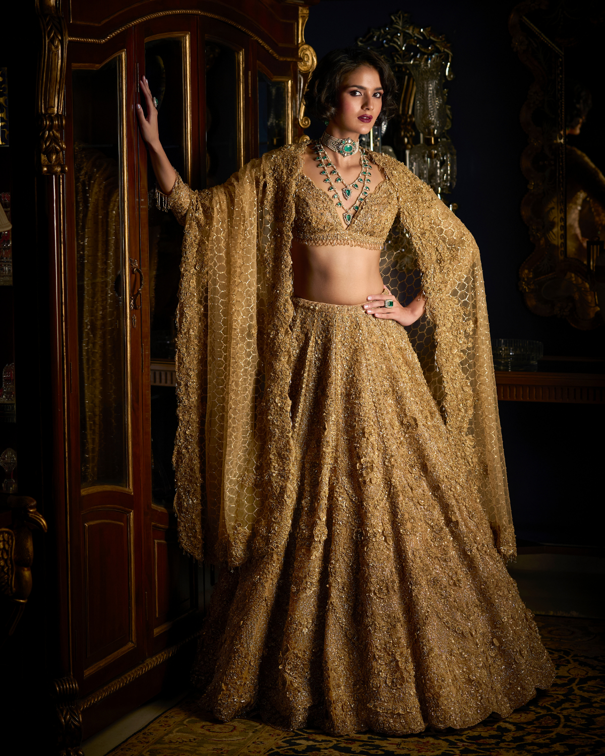 Gold Three-Dimensional Lehenga Set By Seema Gujral